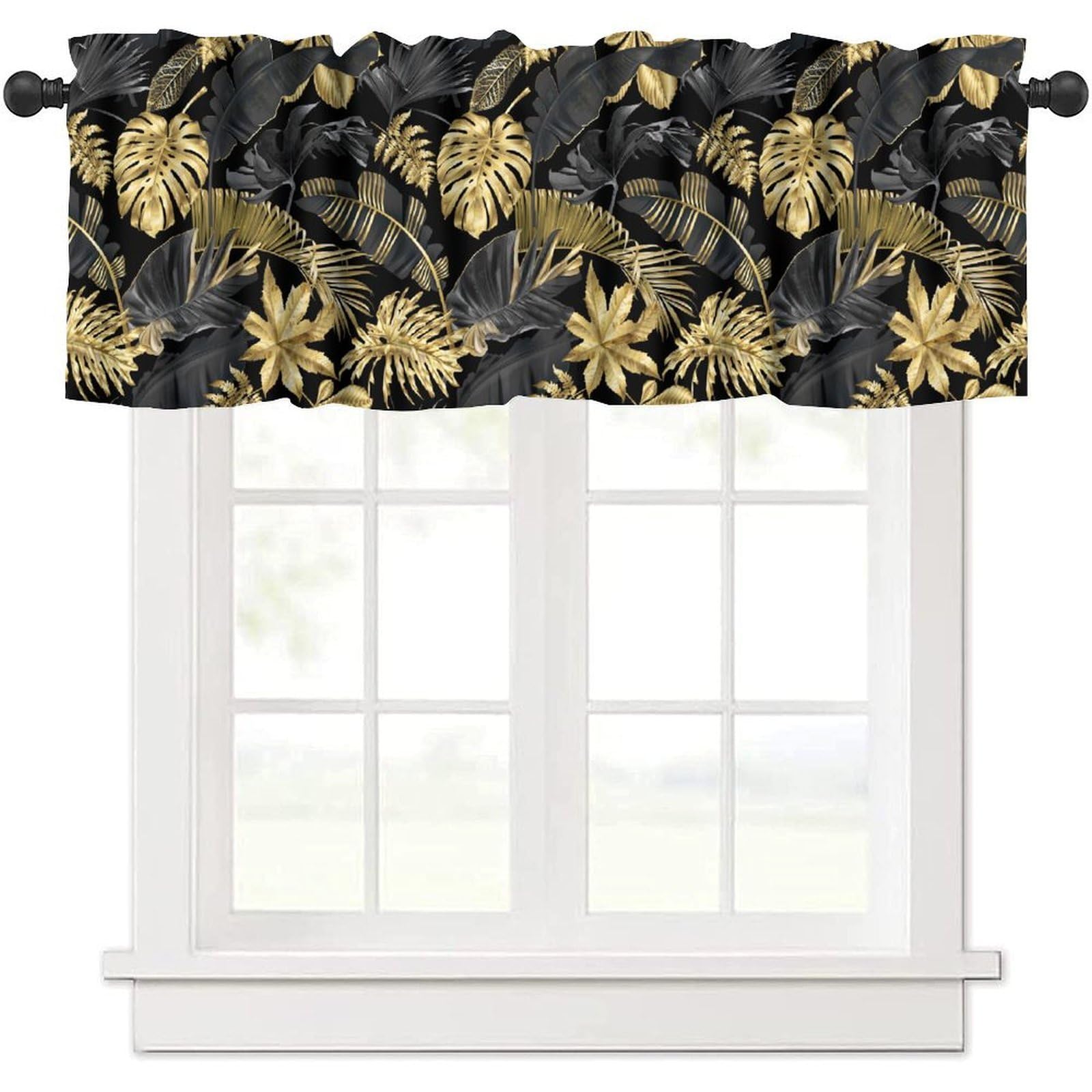 moderw Golden Leaves Valance Curtains, Jungle Black Tropical Plam Tree Leaves Retro Boho Hawaii Botanical Plant Window Curtain Valance for Farmhouse Kitchen Bedroom Living Room 54x18inch