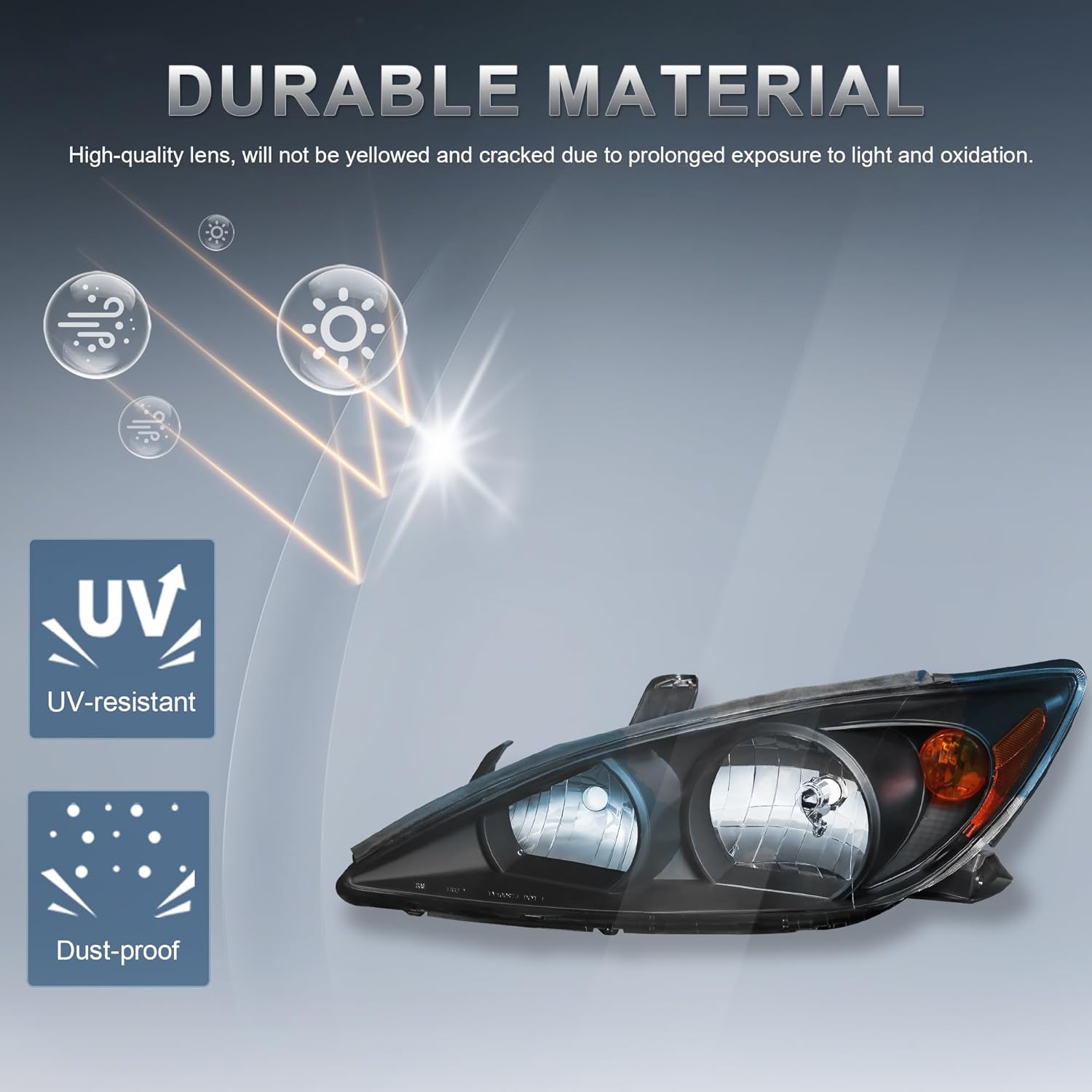 Headlights Assembly Compatible with 2002 2003 2004 Toyota Camry Halogen with Clear Lens Black Housing Amber Reflector Front Lamps Driver and Passenger Side (Set of 2) 81510-AA060