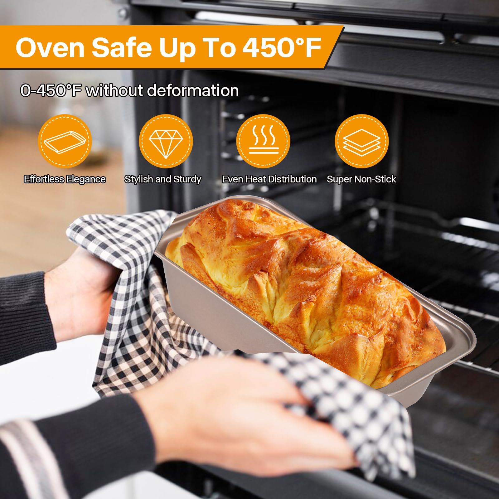 Paquete de 2 moldes multifuncionales dorados de 10 pulgadas, antiadherentes, largos, diseño de almacenamiento apilable, bandeja rectangular para hornear pan de plátano casero y sándwiches