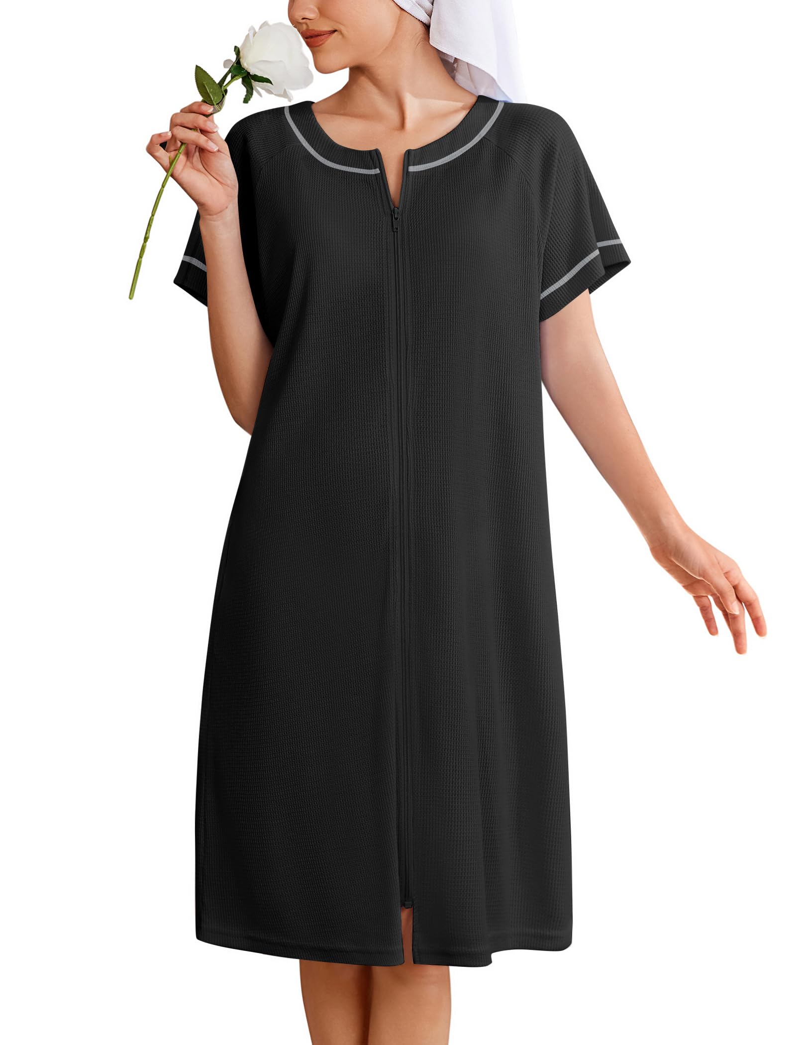 Ekouaer Women Zipper Robe Short Waffle Knit Bathrobe Lightweight Housecoat Soft Knee Length Loungewear with Pockets Black M