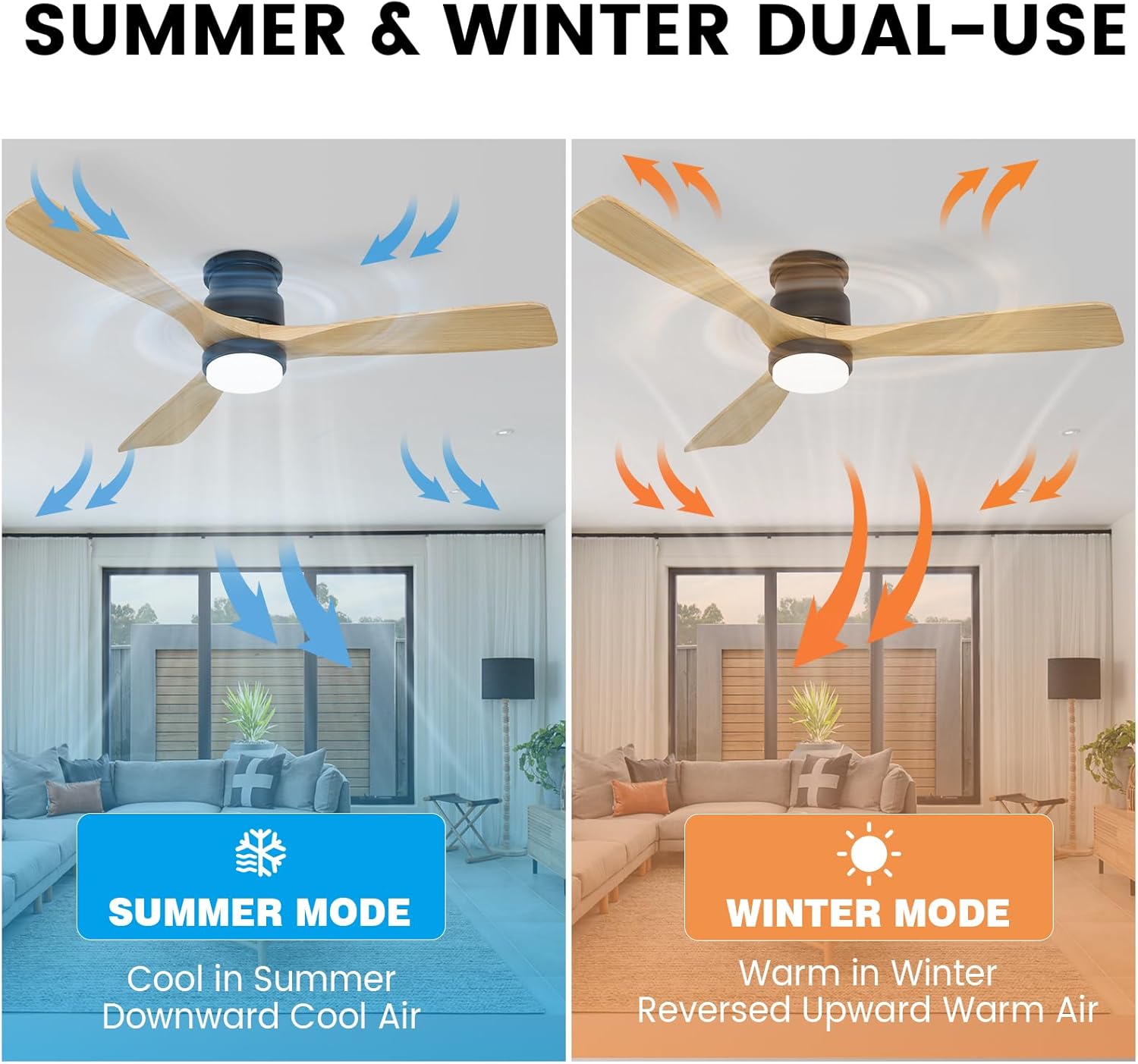 Flush Mount Ceiling Fan with Light Remote, 52inch Natural Wood Ceiling Fans, 6 Speeds Reversible DC Motor 3CCT LED Lighting, Indoor Outdoor Fan Farmhouse Bedroom Living Room