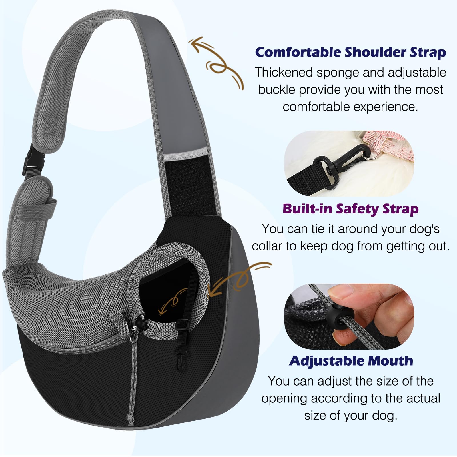 Pawaboo Zaino per Cani e Gatti, Contenitori da Trasporto per Cani, Trasportino da Passeggio con Cordino Regolabile, in Rete Traspirante e Comoda Tracolla, con 3 Tasche, Taglia L, Grigio Scuro + Nero