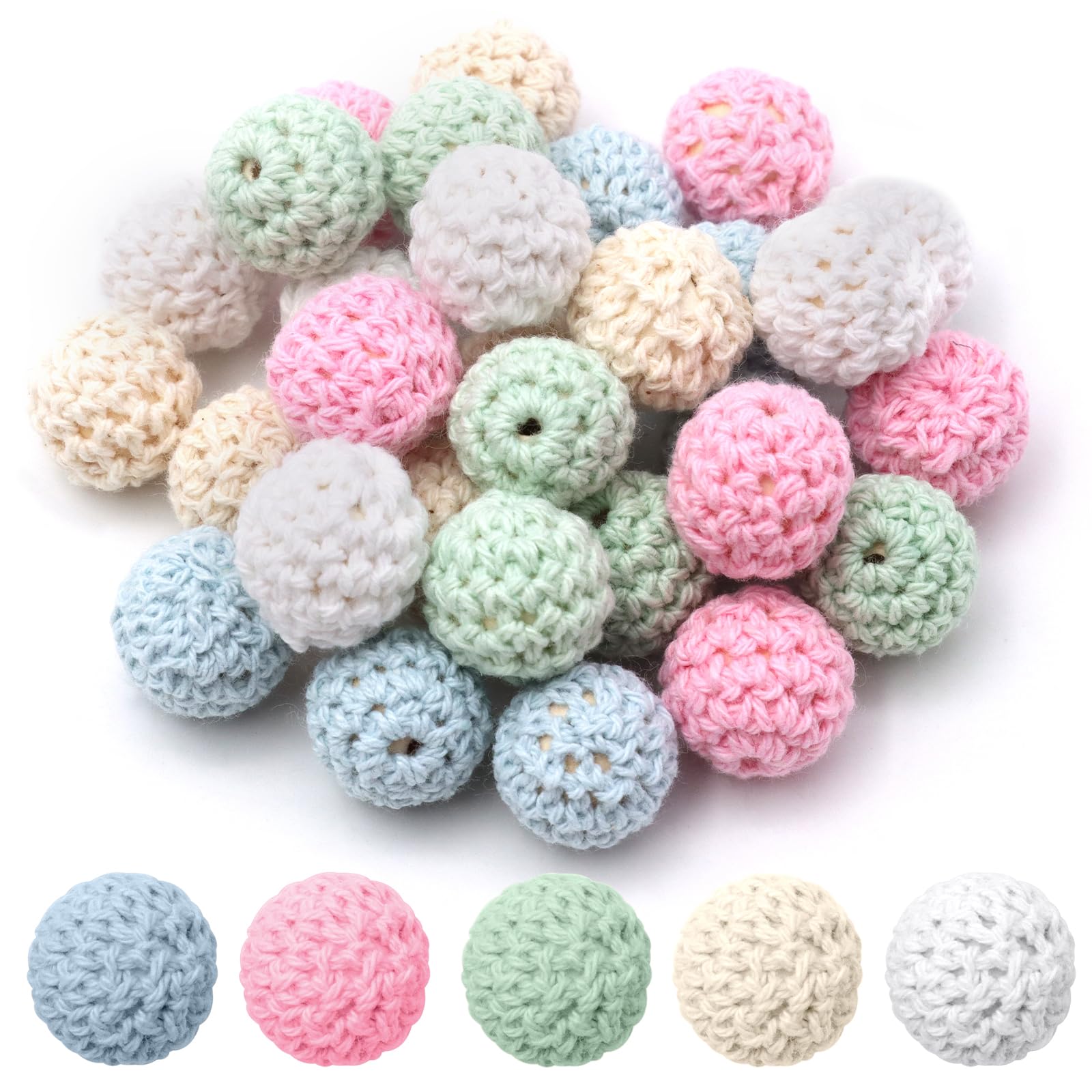 ZOCONE 30 Pieces Crochet Wooden Beads, Crochet Beads, 16 mm, Colourful Yarn, Wooden Balls with Thread Holes, Handmade Wooden Balls for DIY Necklace, Bracelet, Crochet Beads (Light Blue)