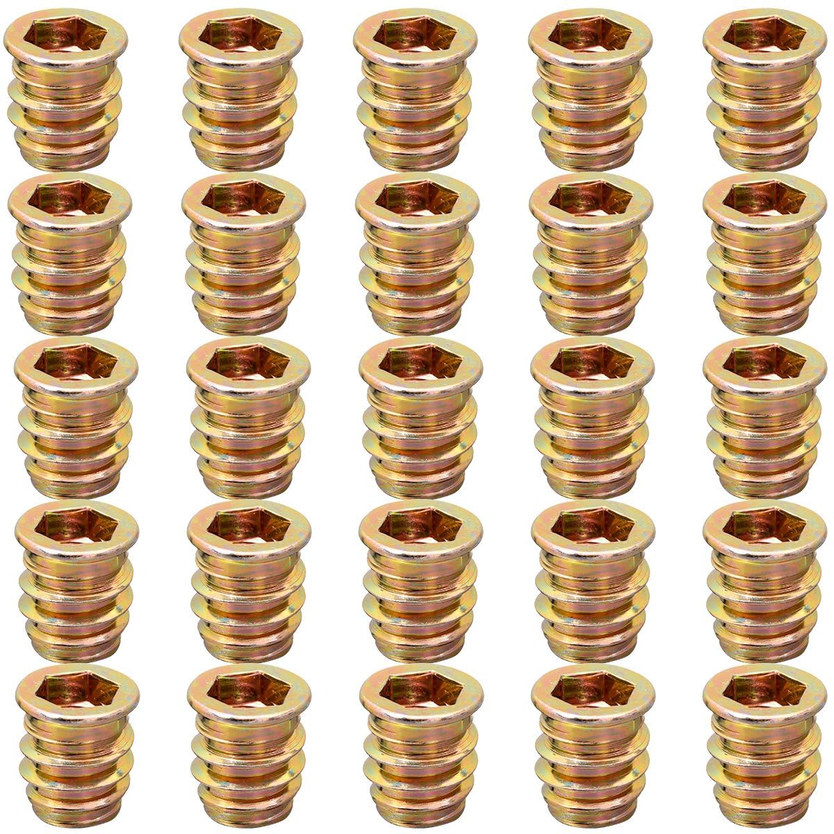 Yoiyee Bronze Heavy Duty Wood Furniture M8 X 15Mm Threaded Insert Nuts Interface Hex Socket Drive Zinc Yellow Passivated - 25Pcs