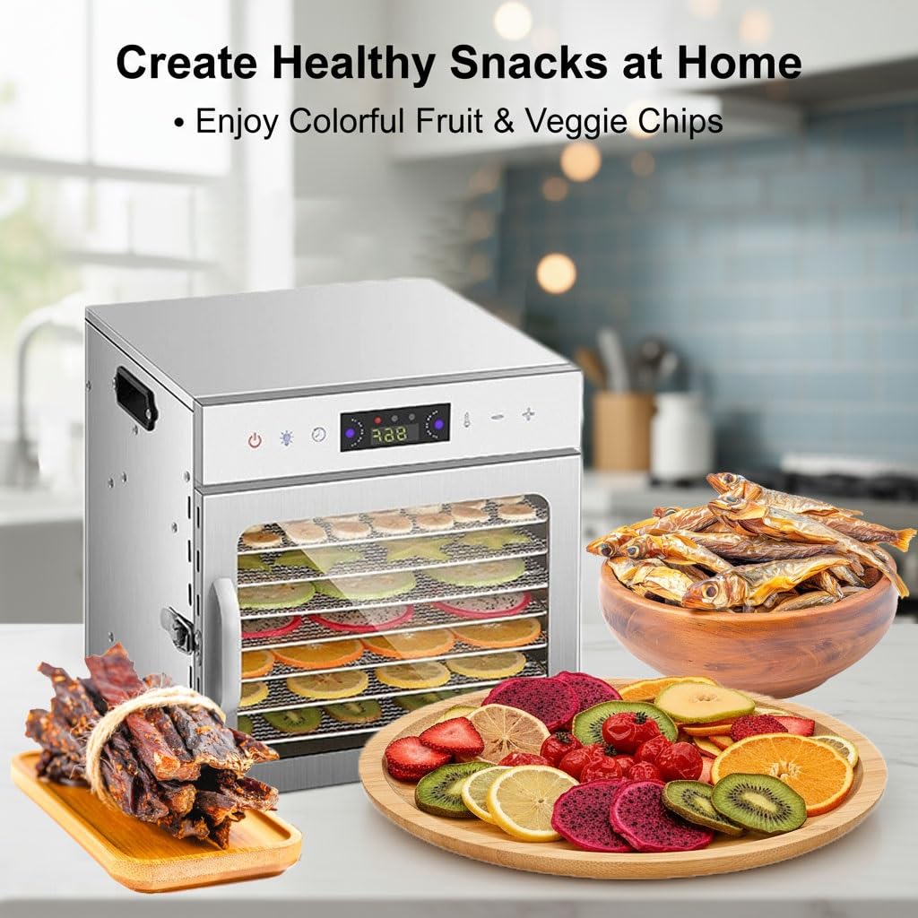 Essiccatore per Carne 400/800w, 6-18 Ripiani Inox, Temperatura 30-90°c, Timer 24h, Display LED, Essiccazione Uniforme, Ideale per Jerky, Frutta, Verdura E Snack Salutari(8 floors)
