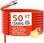 HUANCHAIN 12/3 Gauge Heavy Duty Outdoor Extension Cord 50 ft Waterproof with Lighted end, Flexible Cold-Resistant 3 Prong Electric Cord Outside, 15Amp 1875W 12AWG SJTW, Orange, ETL