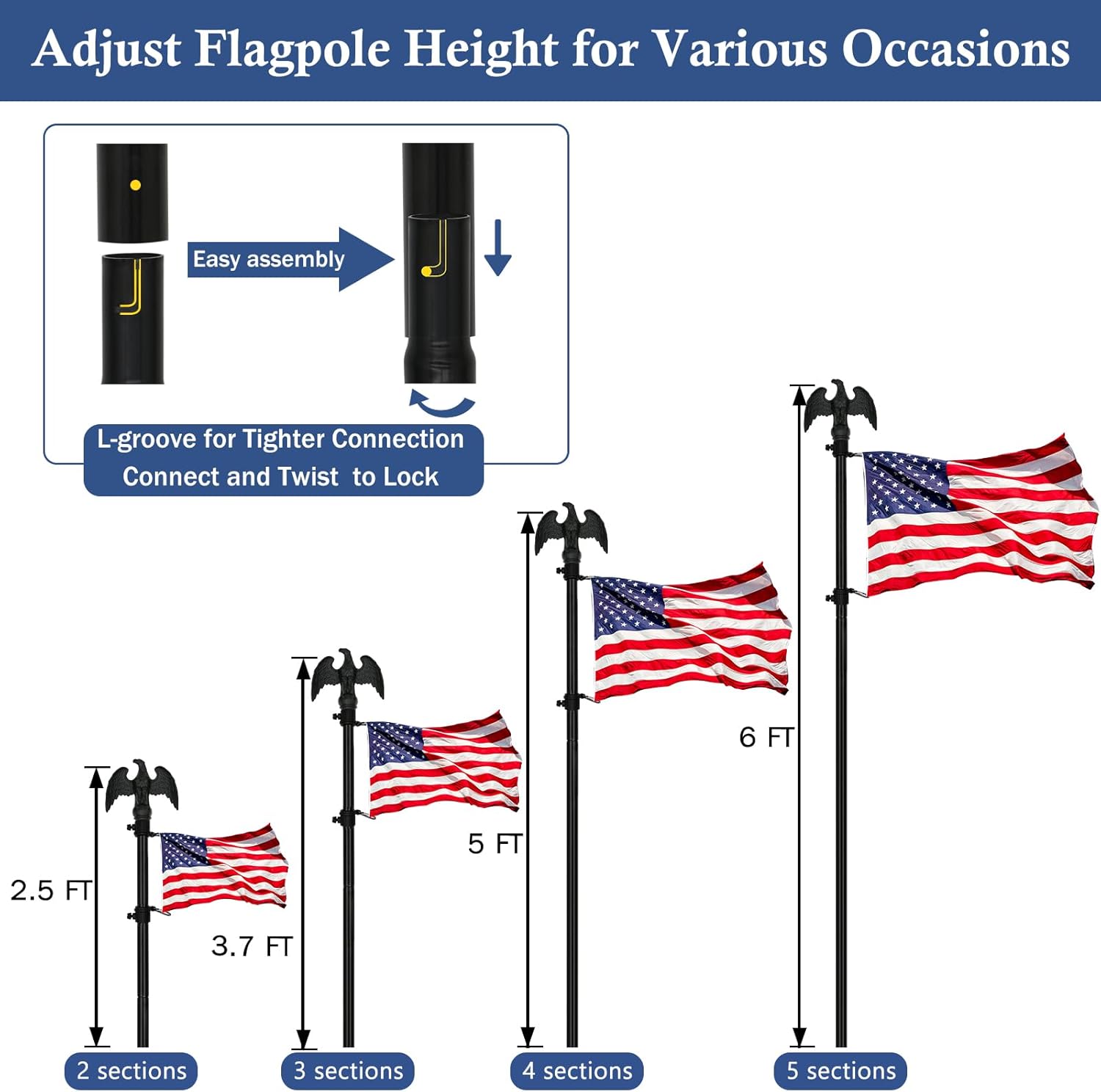 NQ 6FT Flag Pole for Outside House, 3/4 inch Diameter Aluminum Flag Pole with Eagle Topper, House Flag Pole Kit with Flag Pole Holder (Black) - Image 4
