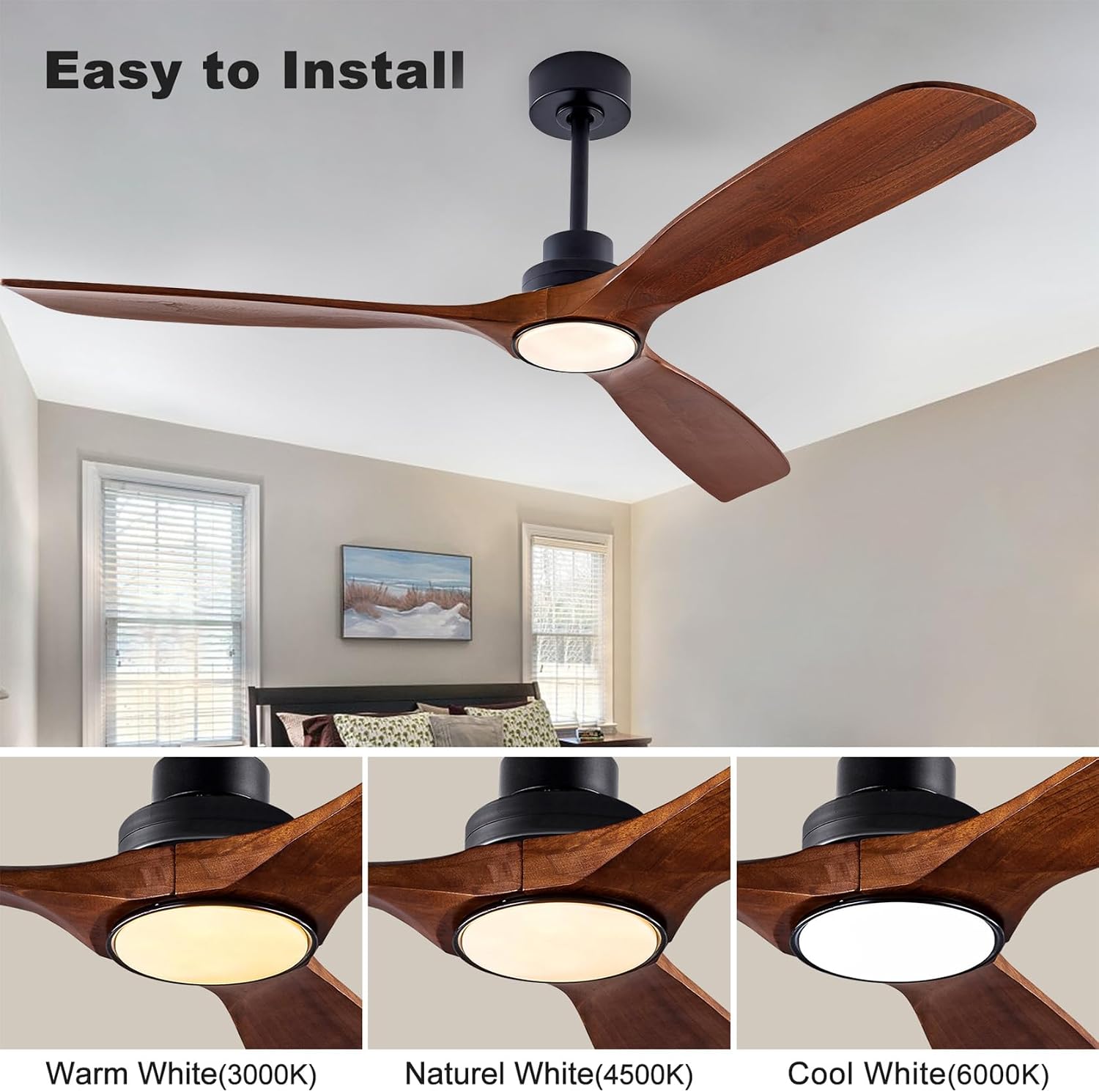 Close-up of the QUTWOB ceiling fan showing the LED light kit and the three solid wood blades.