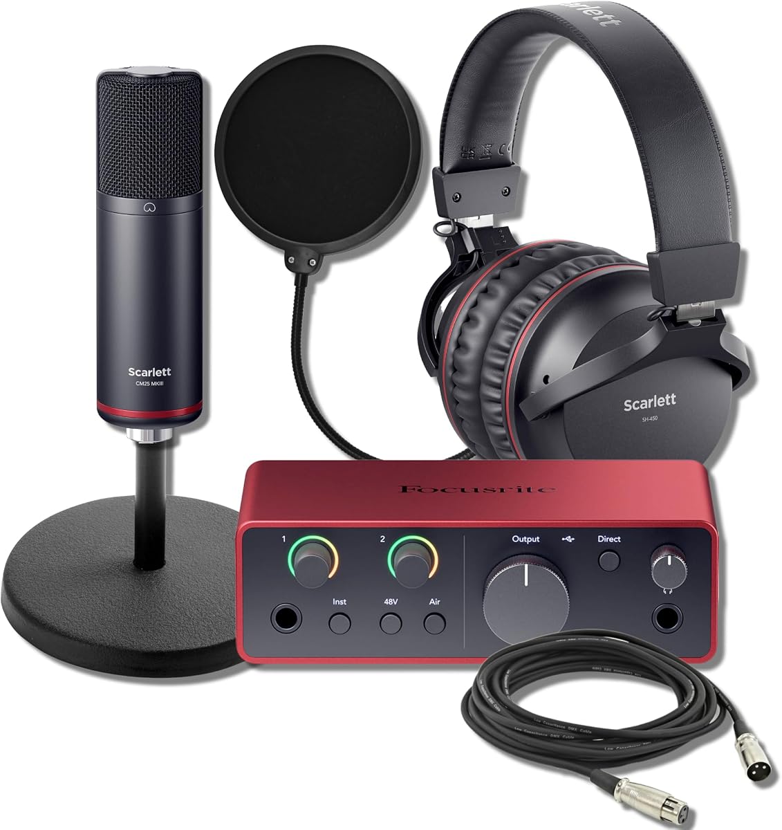 Focusrite Scarlett Solo Studio 4th Gen USB Audio Interface Tabletop Bundle with CM25 MkIII Mic, SH-450 Headphones, On-Stage Desktop Stand, and Pop Filter — 24-Bit/192kHz, Air Mode, Auto Gain
