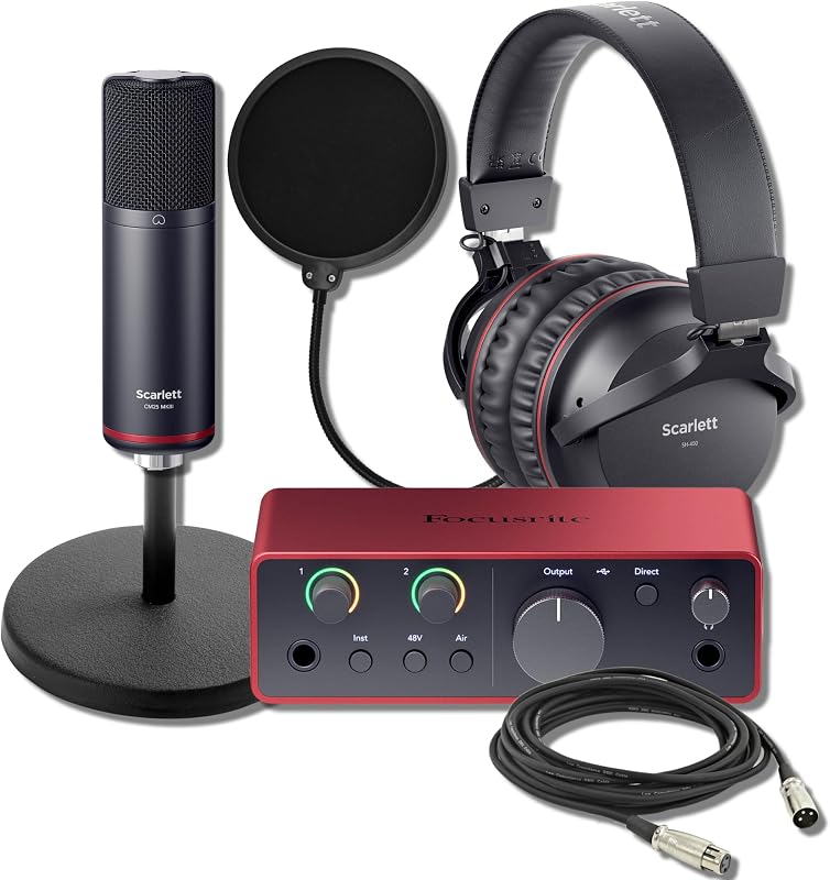 Focusrite Scarlett Solo Studio 4th Gen USB Audio Interface Tabletop Bundle with CM25 MkIII Mic, SH-450 Headphones, On-Stage Desktop Stand, and Pop Filter — 24-Bit/192kHz, Air Mode, Auto Gain