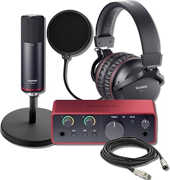 Focusrite Scarlett Solo Studio 4th Gen USB Audio Interface Tabletop Bundle with CM25 MkIII Mic, SH-450 Headphones, On-Stage Desktop Stand, and Pop Filter 24-Bit/192kHz, Air Mode, Auto Gain