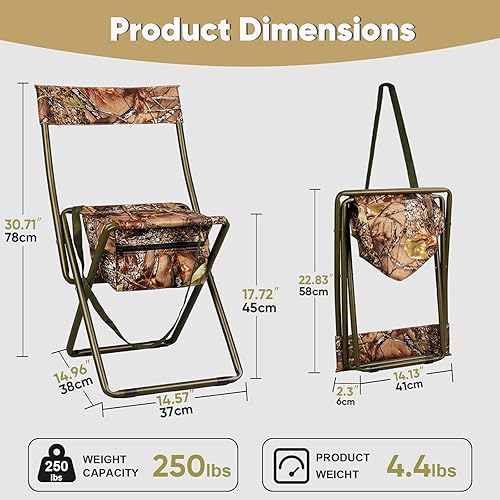Miniatura 3 de Silla plegable de campamento, silla de caza portátil de respaldo alto, taburete de caza ligero con bolsa de almacenamiento, correa para el hombro,