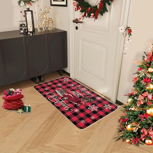 Miniatura 5 de Juego de 2 alfombras de cocina con texto en inglés Merry Christmas, bonito Papá Noel y regalo de Navidad, tapete antideslizante lavable para el
