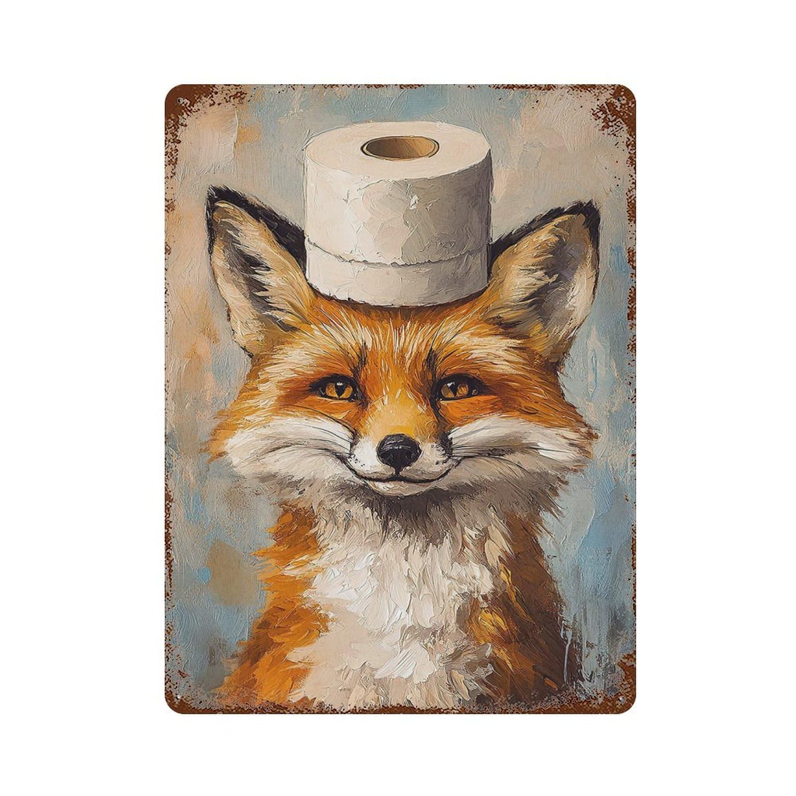 Fox with Toilet Paper Hat Vintage Rust Metal Sign 15.7"x11.8", for Basement, Hobby Room And Garage Decor, Farmhouse Wall Decor