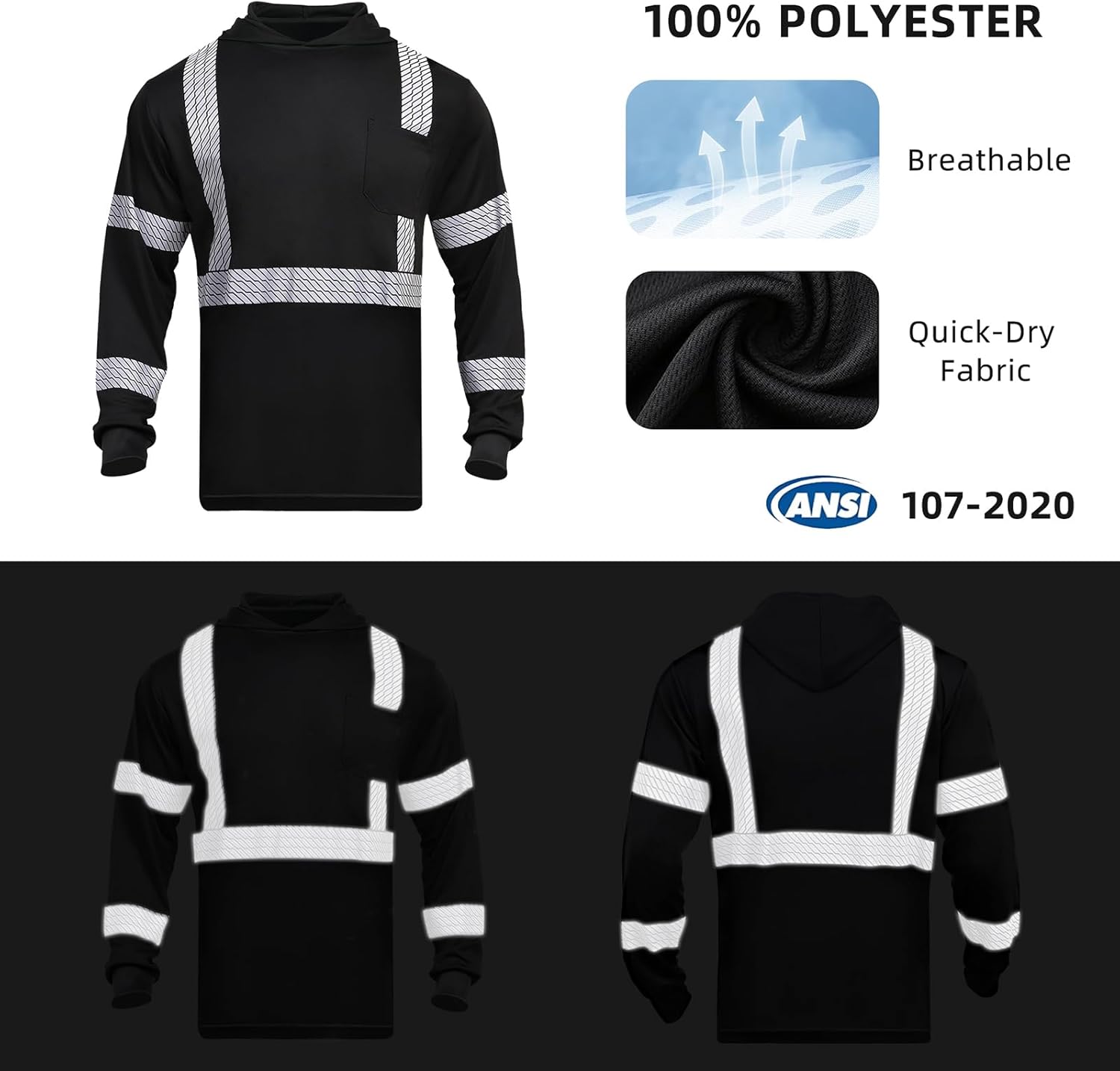 GLIMMR Hi Vis Hoodie Safety Reflective High Visibility Long Sleeve T Shirts with Hood for Men Class 3 Construction Workwear - Image 5