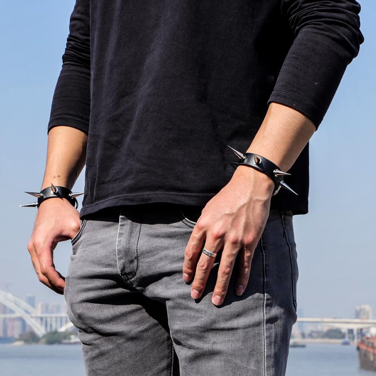 MILAKOO 2 Pcs Punk Style PU Leather Bracelet Bangle with Rivets Spiked Accent - Image 7