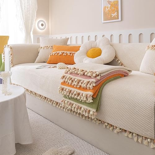 Miniatura 8 de vctops Funda de sofá bohemia con borlas con pompones, funda de sofá modular de pana súper suave, antideslizante, lavable, protector de muebles