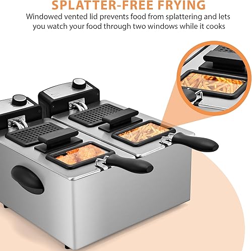 Miniatura 4 de SUSTEAS Freidora Profunda, Freidora Eléctrica de Aceite con 2 Cestas de 5.4QT6L, Control de Temporizador de 3000W, Temperatura Ajustable, Tapa con