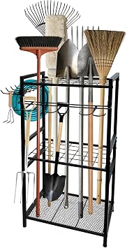 Garden Tool Storage Rack, 35 Slots Garden Tool Organizer with Hooks, Shed Storage Organiser for Long Handle Tools, Garage Rack with Adjustable Feet, Indoor Outdoor Shed Storage Solutions, Black