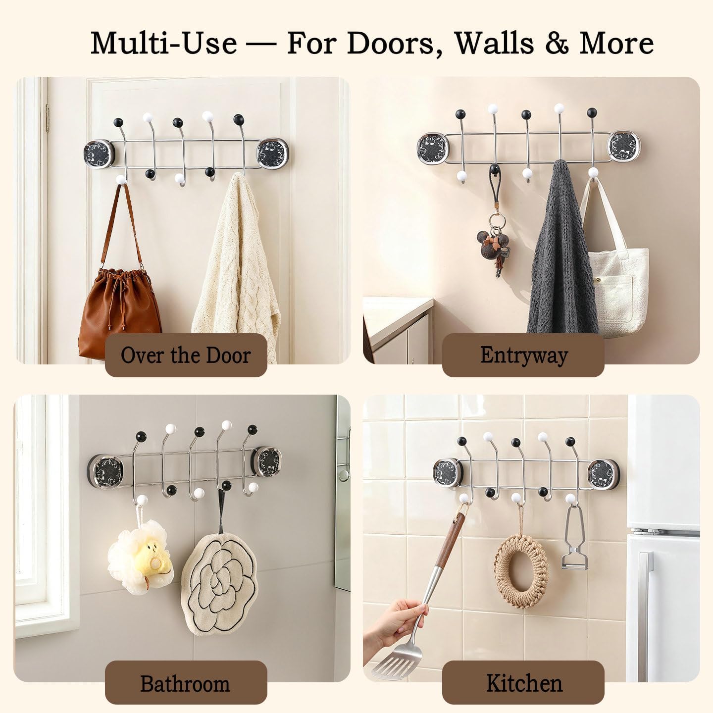 Coat Rack Wall Mount with 5 Hooks – 2026 Upgraded Suction Cup Coat Hook Rail, No-Drill Wall Mounted Organizer for Closet, Entryway, Hallway, Bathroom, Bedroom (Stainless Steel + Wooden Ball Tips)