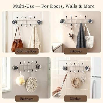 Coat Rack Wall Mount with 5 Hooks 2026 Upgraded Suction Cup Coat Hook Rail, No-Drill Wall Mounted Organizer for Closet, Entryway, Hallway, Bathroom, Bedroom (Stainless Steel + Wooden Ball Tips)
