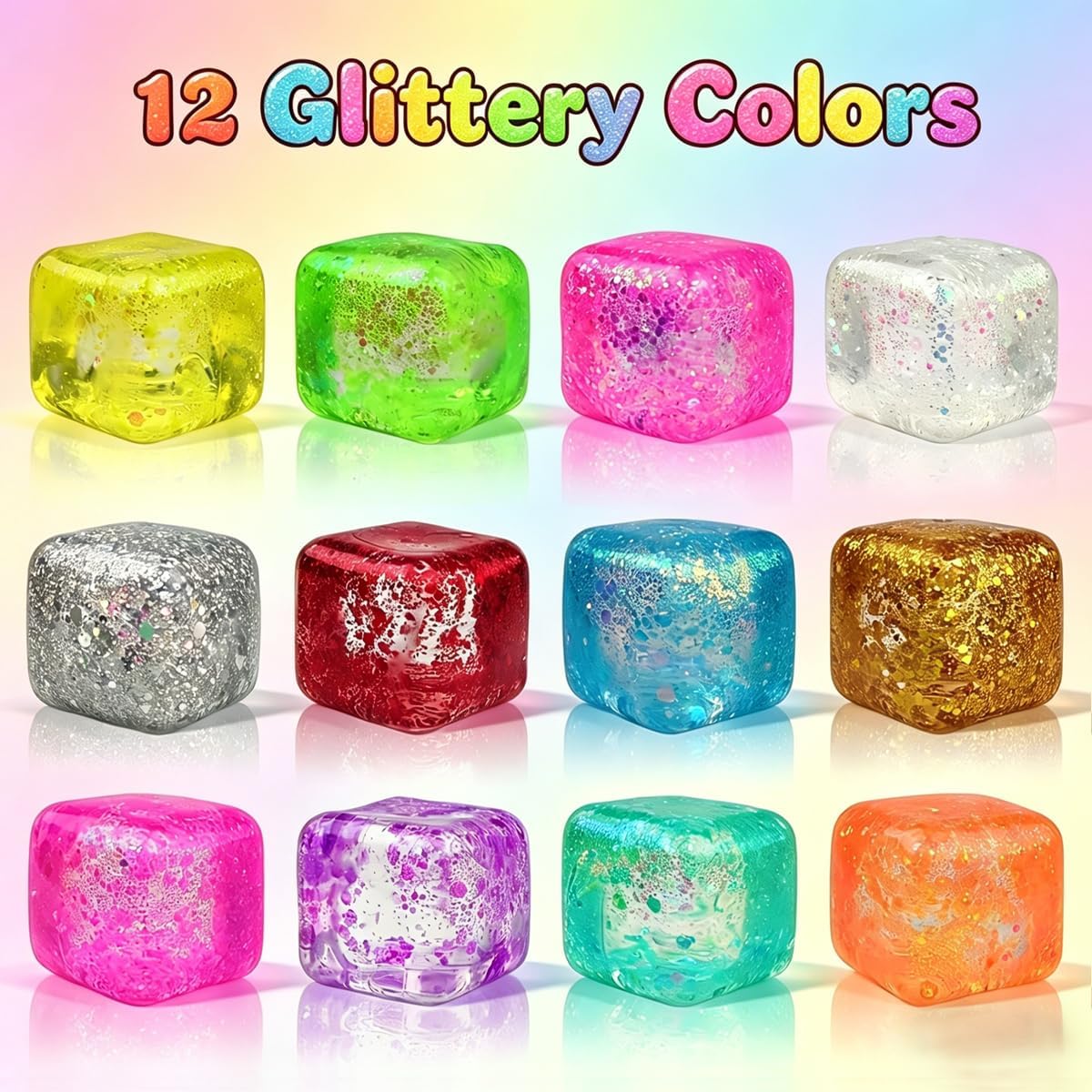 Jofan 12 Pack Squishy Stress Cube Glitter Squeeze Toy Stress Balls Sensory Fidget Toys for Adults Kids Stress Relief Party Favors Birthday Gifts