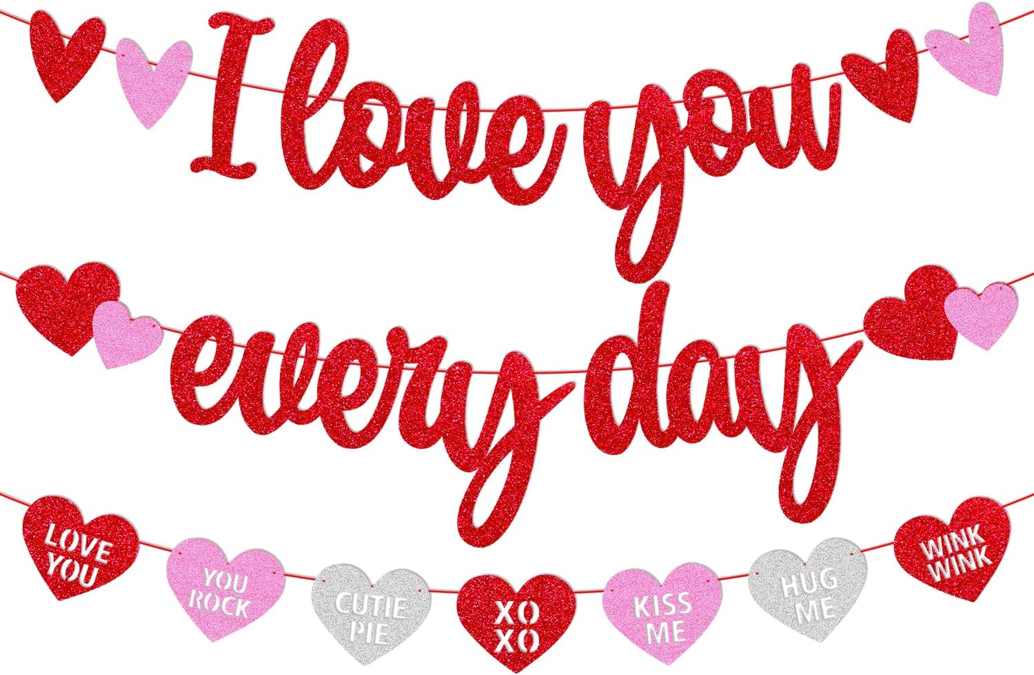 I Love You Everyday Banner Romantic’s Day Party Banner Glitter Red Pink Heart Garland, Wedding Anniversary Engagement Bridal Shower Birthday Valentine's Day Party Supplies