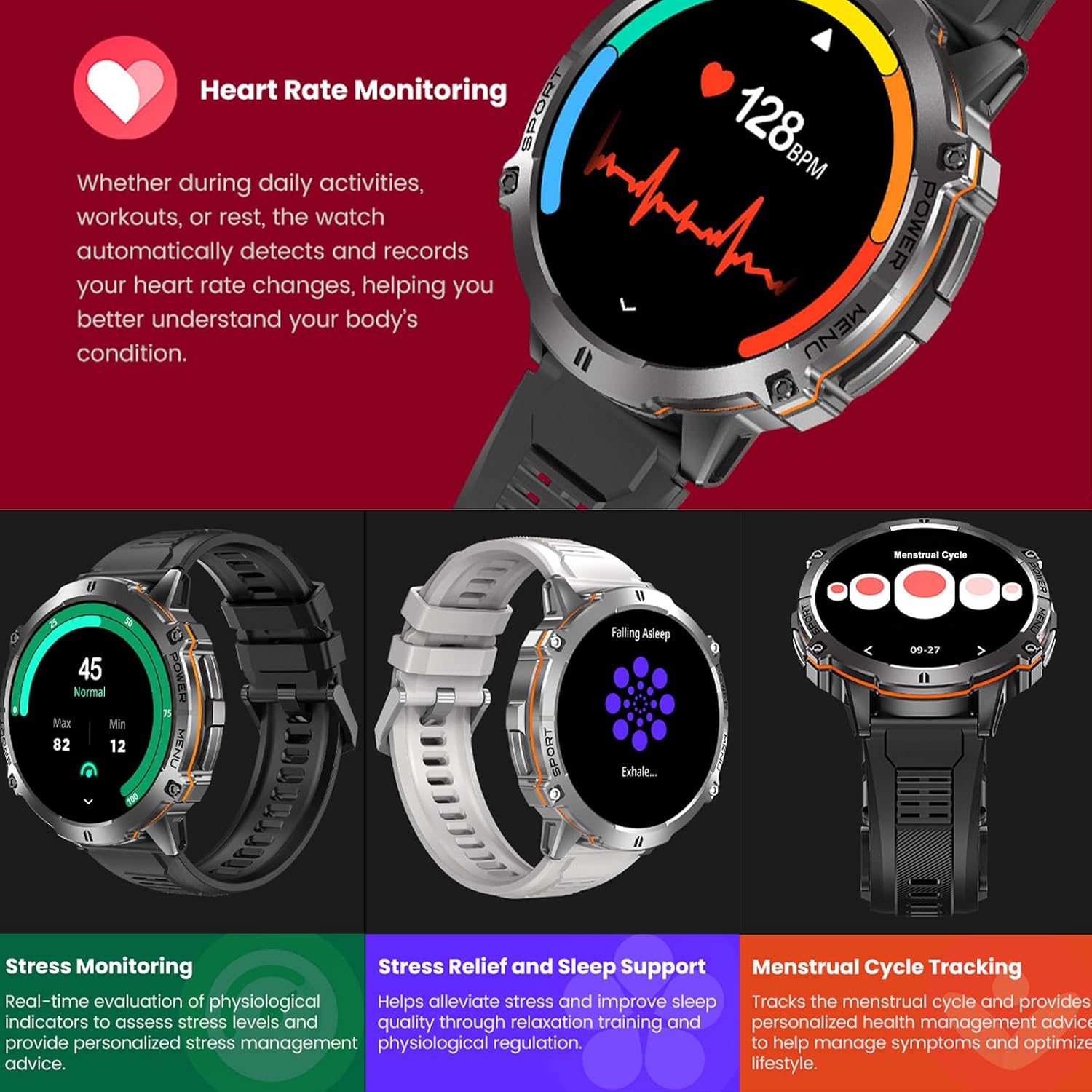 Yihou Military Smart Watch for Men Fitness Watch Fitness Tracker with Heart Rate Monitor Sleep Monitor Step Tracker Big Battery Campass Altitude Waterproof for Android iOS Black
