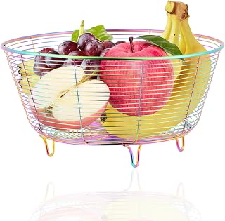 DOCBLACK Round Fruit Bowl, Fruit Basket Creative Mesh Fruit Dish Basket Bowl, Large Metal Wire Storage Baskets, Modern Style Container for Fruit, Vegetables, Bread, Snacks - 8.46" Diameter (Rainbow)