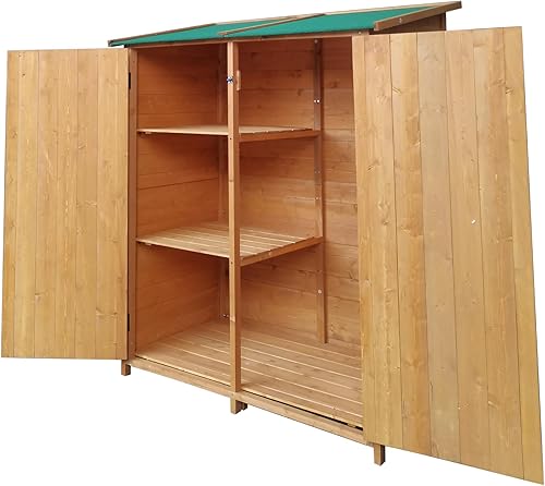 Miniatura 9 de Goohome Cobertizo de almacenamiento al aire libre de 63.58 pulgadas, armario de almacenamiento de jardín de madera con puertas bloqueables y techo