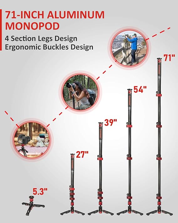 IFOOTAGE Camera Monopod Professional 71 Aluminum Telescoping Video Monopods with Tripod Stand Compatible for DSLR Cameras and Camcorders, Cobra 3 Monopod A180F