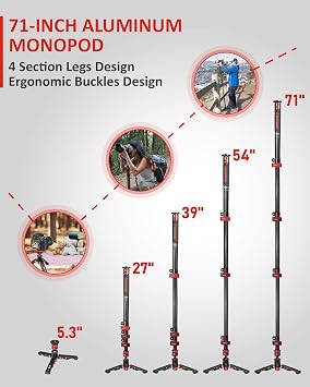 IFOOTAGE Camera Monopod Professional 71 Aluminum Telescoping Video Monopods with Tripod Stand Compatible for DSLR Cameras and Camcorders, Cobra 3 Monopod A180F