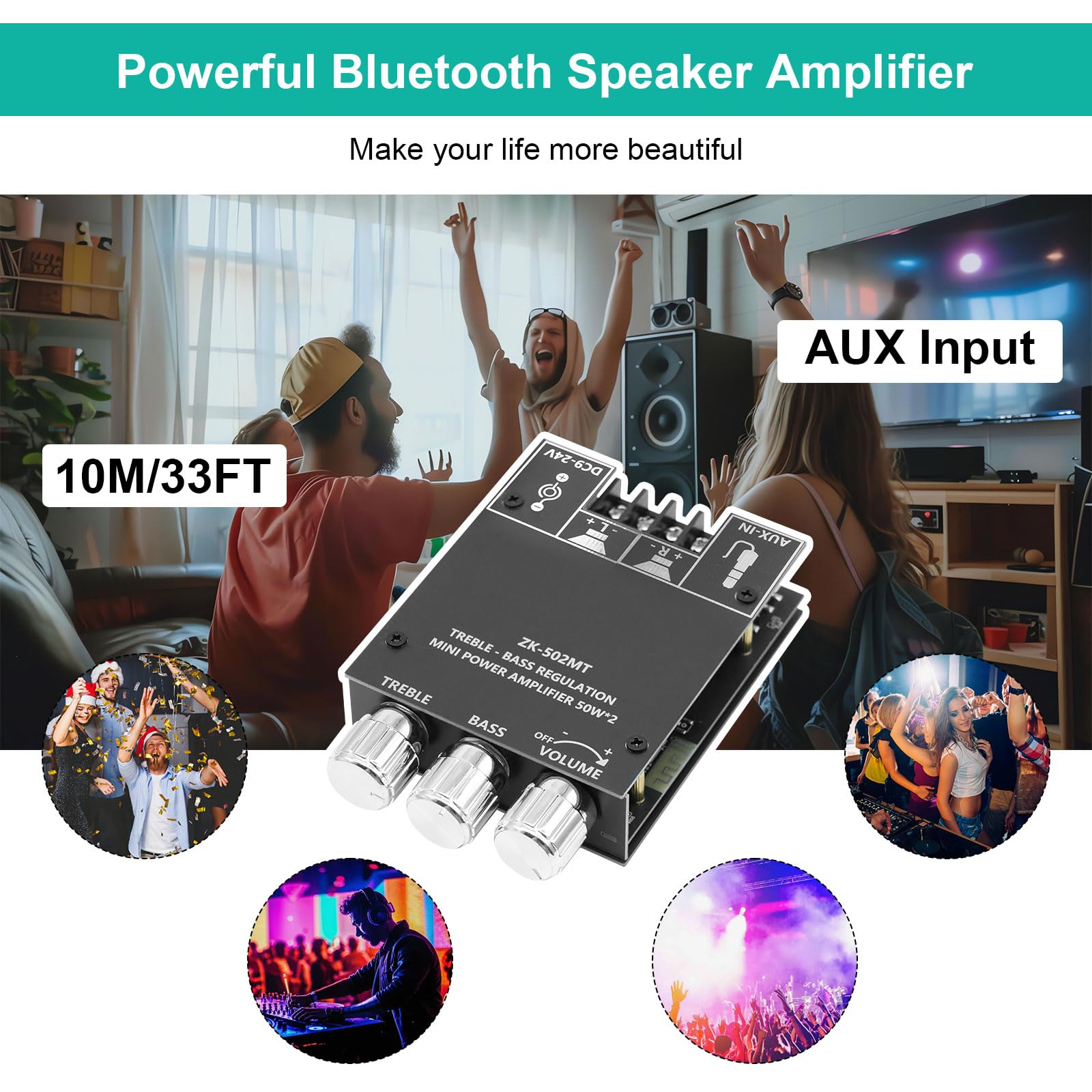 ZK-502MT Bluetooth Verstärker Hifi Stereo, 50W+50W 2.0 Kanal Audioverstärker mit BT und AUX, DC 9-24V, mit Höhen- und Bassregelung,Verstärker mit Bluetooth für Lautsprecher DIY Heimlautsprecher