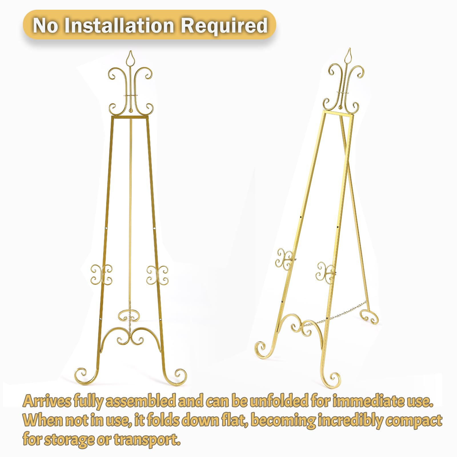 Cavalletto grande per esposizione, altezza regolabile, in metallo dorato, con supporto a catena, cavalletto resistente per specchio, cartelli, matrimoni, cornici (non richiede installazione)