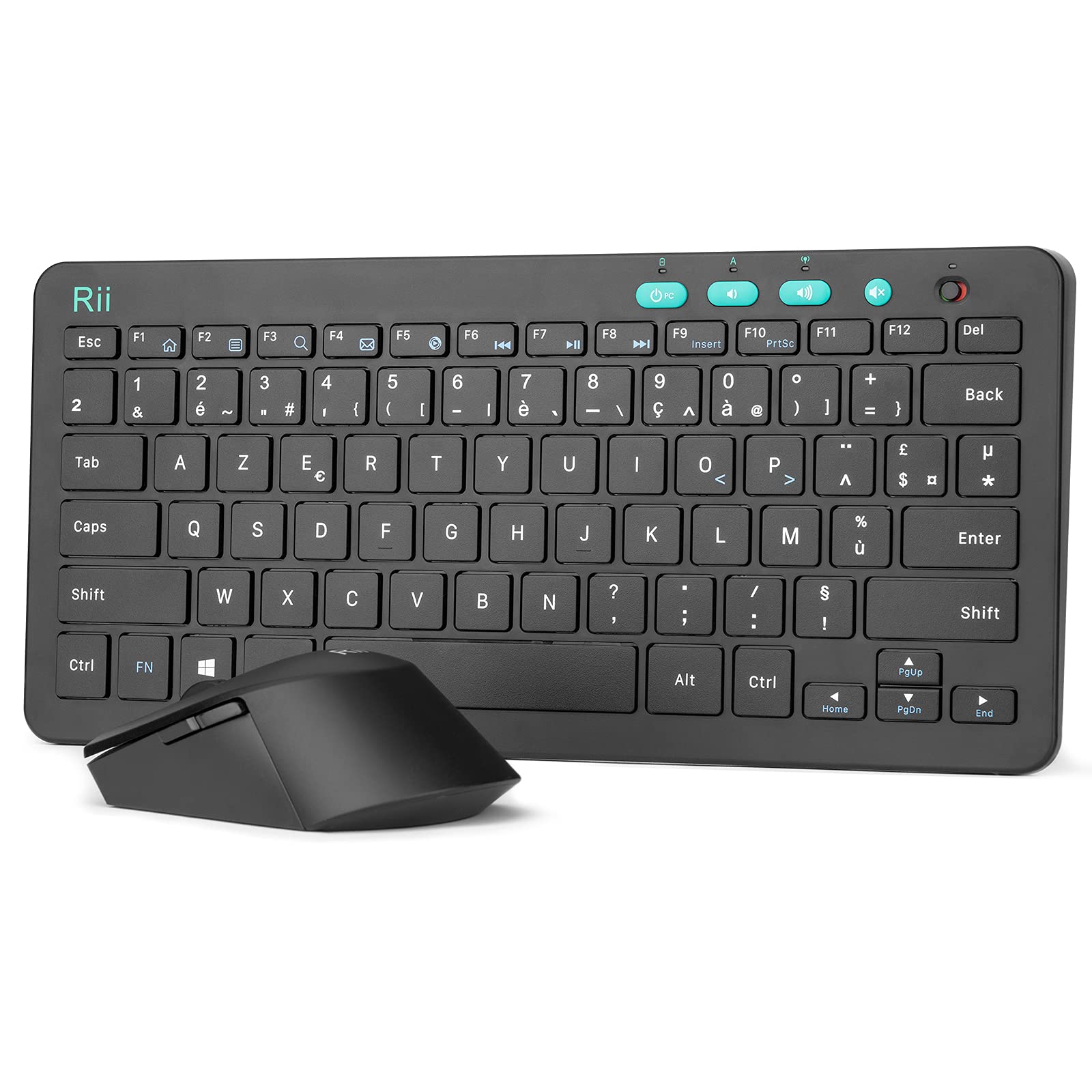 Rii Élite Combo sans Fil | Clavier Souris sans Fil PC/Ordinateur Portable | Clavier Ergonomique Trousse Main | Souris Optique 3 DPI Réglables | Molette Silencieuse | Design Français Élégant Noir