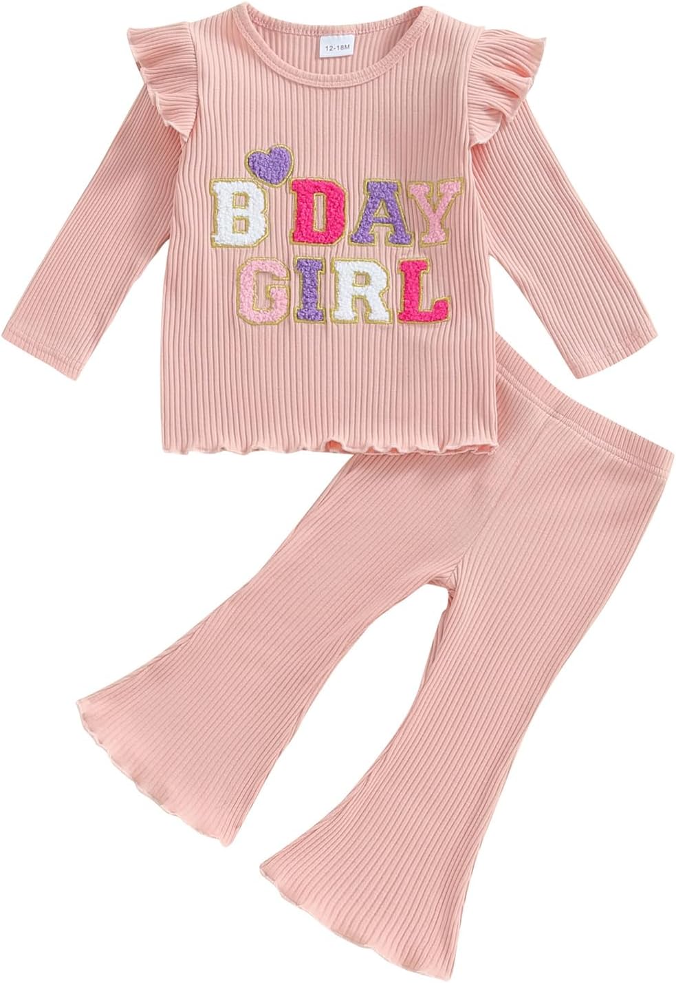 Baby Girl 2Pcs Birthday Outfits Long Sleeve Letter Embroidery Tops Flying Sleeve + Flare Pants Set Toddler Girls Clothes Birthday Clothing Set