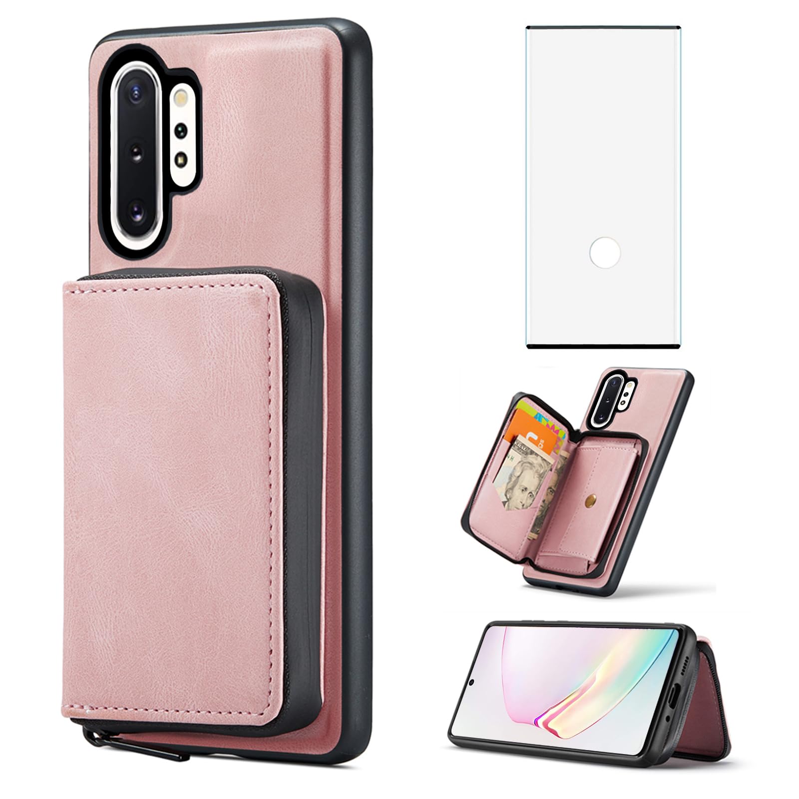 Phone Case for Samsung Galaxy Note 10 Plus Note10+ 5G Wallet Cover with Tempered Glass Screen Protector and Credit Card Holder Zipper Cell Note10 + Notes 10+ Ten Not S10 10Plus Women Men Rose Gold