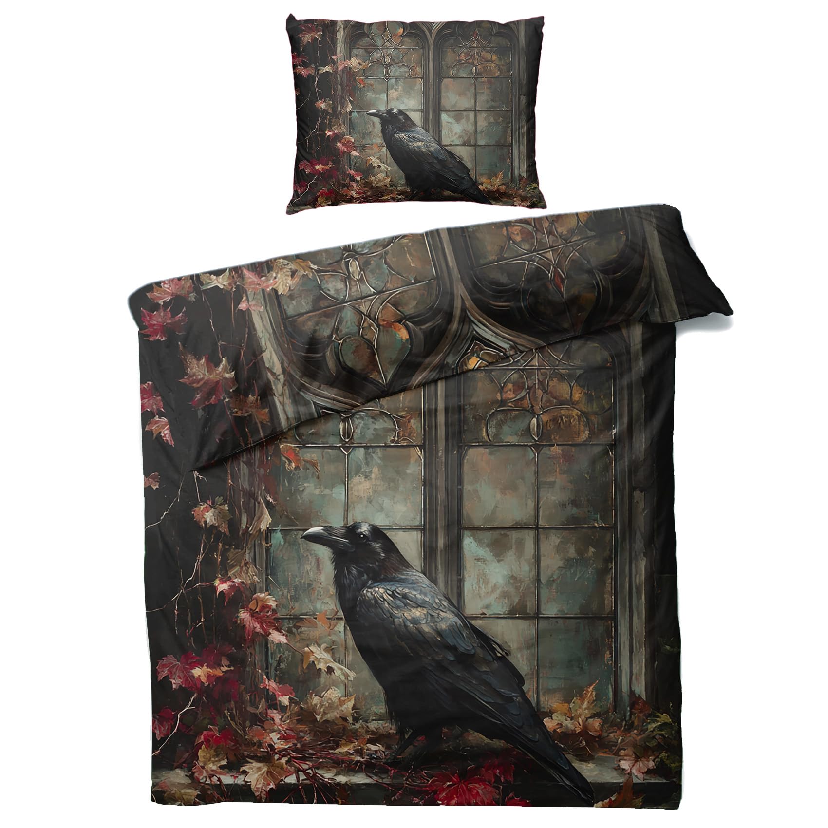Generisch Gothic Bettwäsche 135x200 2er Set Mit Blätter Vogel Krähe Goth Muster Bettbezug Set Bügelfreie Bettwäsche Mit Reißverschluss, Kissenbezug, Gothic Deko