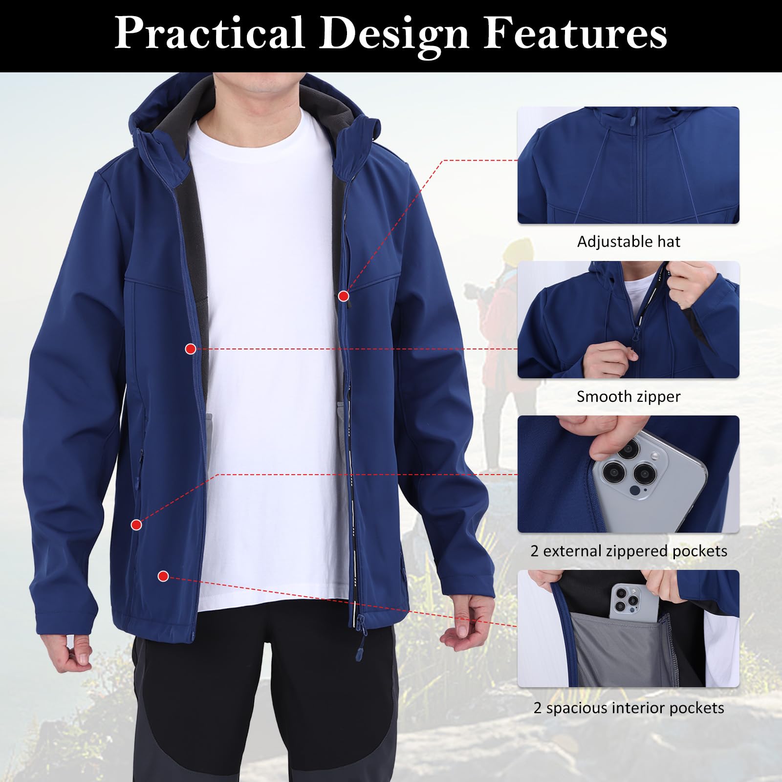 Hommes Veste Chaude Softshell Doublée Polaire Extérieur Imperméable Veste À Capuche Résistante À L’eau Coupe-Vent Décontracté Pour Marche Randonnée Camping
