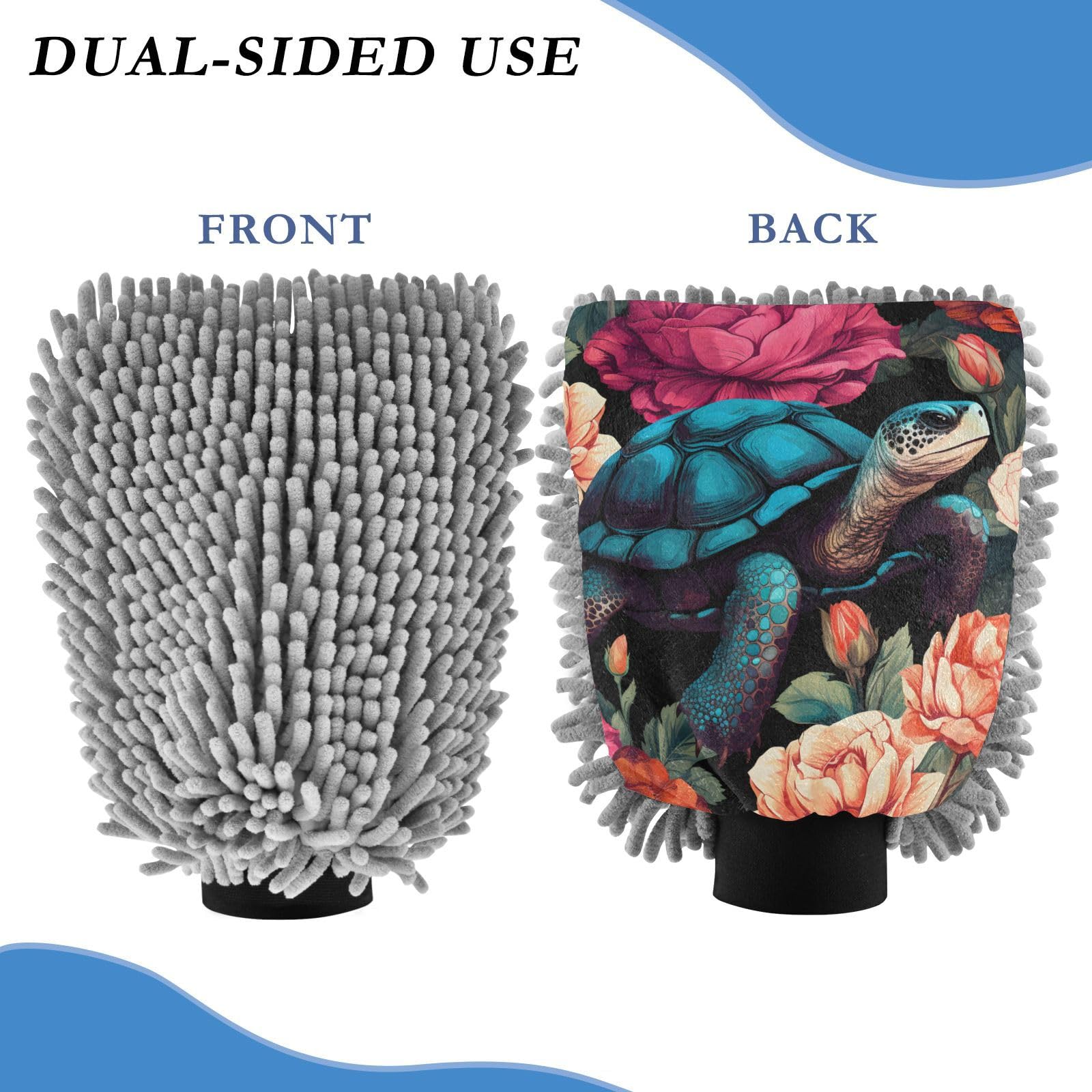IOACIY Absorbent Microfiber Car Wash Drying Mitts, 2 Pack, Scratch-Free & Lint-Free, Rich Foam, Highly Absorbent, Double Sided, Wash Mitt Perfect for Car Washing, M, Illustration Turtle (2)