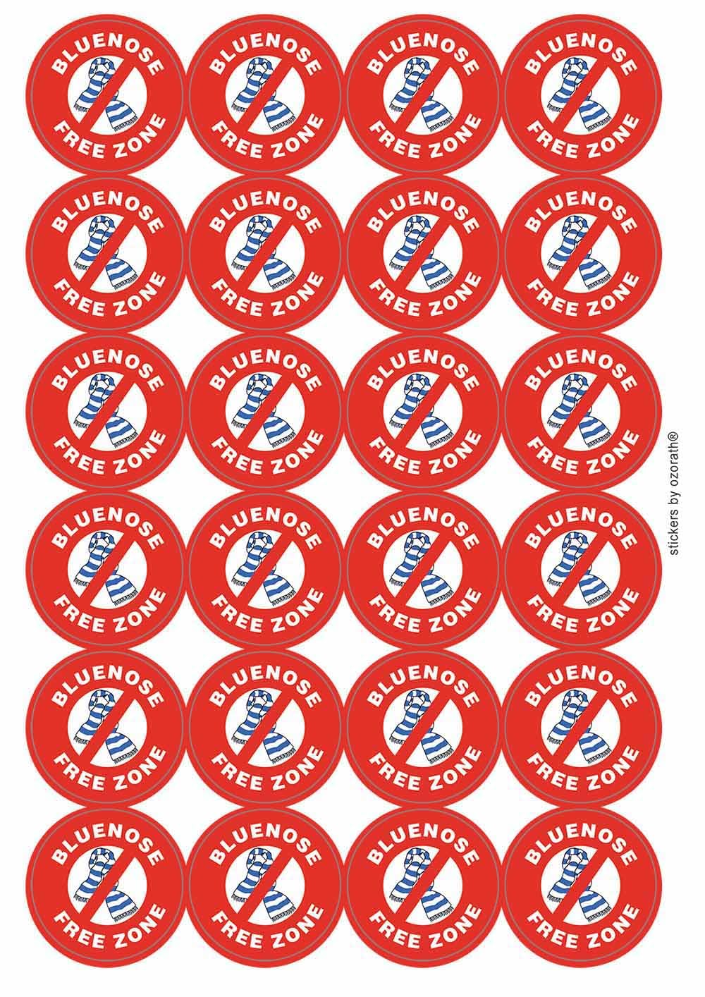 Bluenose Free Zone Funny Joke Novelty Circular Matt Paper Stickers A4 Sheet of 24 (Each Sticker is 45mm Diameter)