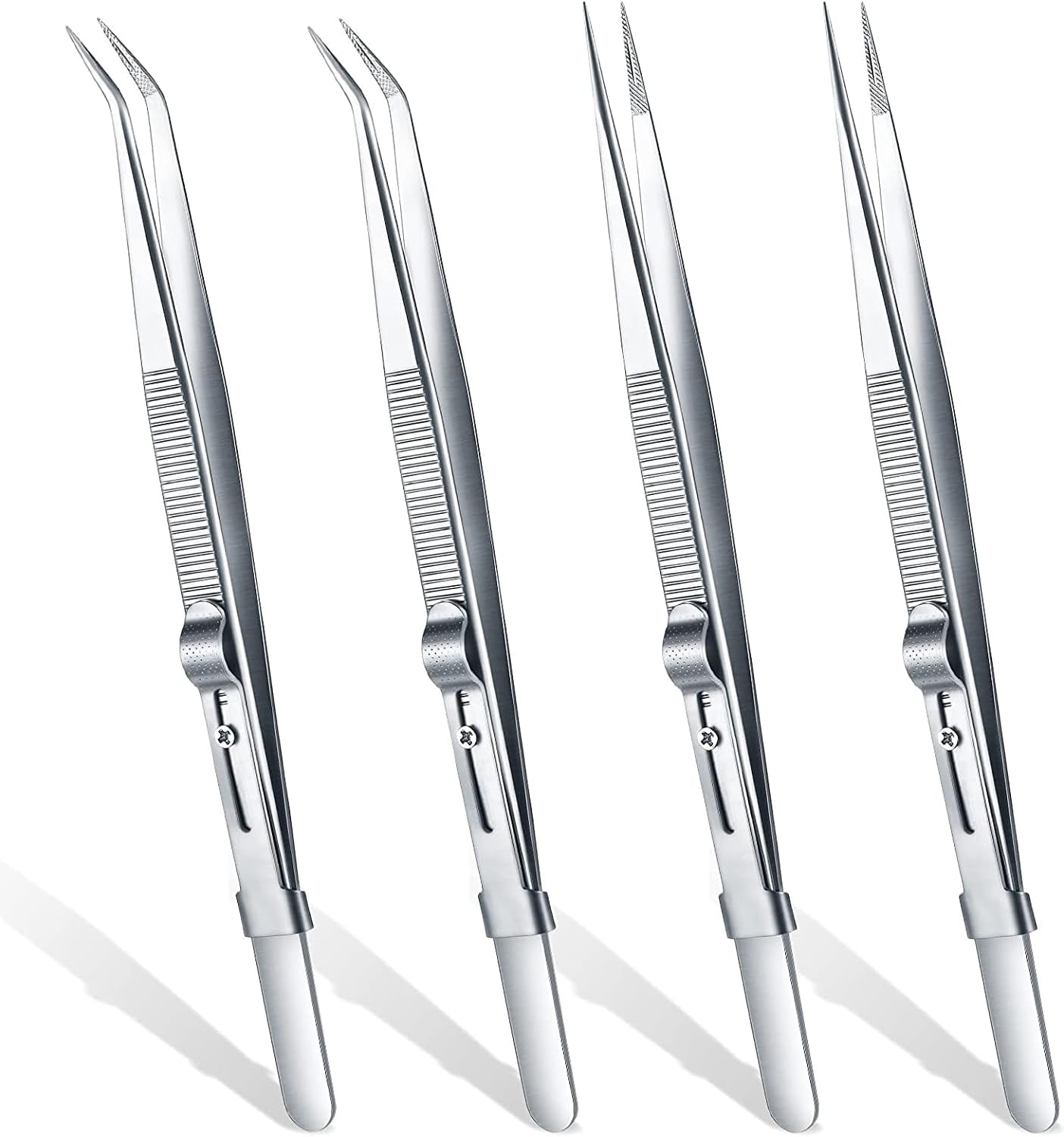 4 Pieces Diamond Tweezers Professional Jewelry Gem Tweezers Precision Tweezers Stainless Steel Pointed Tip Tweezers with Slide Locking and Gem Slot for jewelry making (Tweezers)