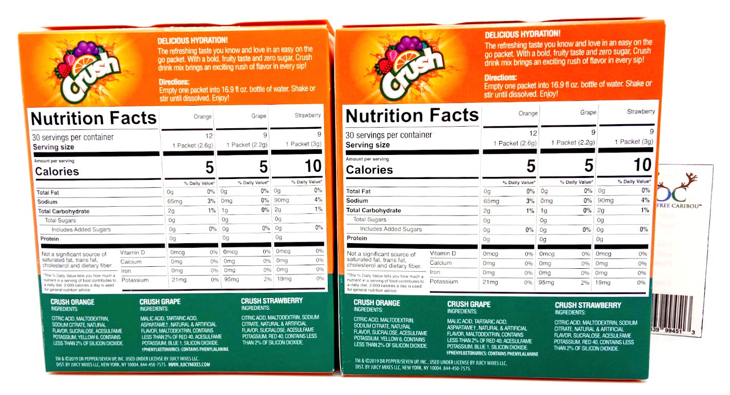 Crush Singles To Go Variety Pack Bundle With Gummy Bears Recipe Card from Carefree Caribou. Includes Two (2) Boxes of Thirty (30) Sticks of Orange Crush, Grape Crush, and Strawberry Crush Flavors.