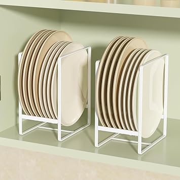 2 Pack Large Plate Holders Organizers Plate Racks Upright Dish Drying Racks space saver plate dispenser for Kitchen Cabinets and Countertop White