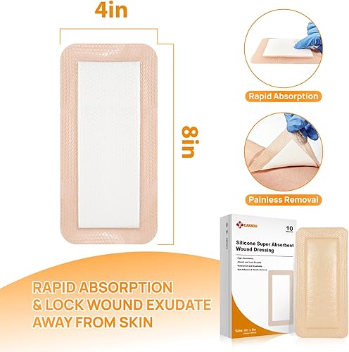 Miniatura 2 de Carbou Apósito de silicona súper absorbente de 4 x 8 pulgadas, paquete de 10 unidades, vendaje impermeable autoadhesivo, apósito suave y altamente