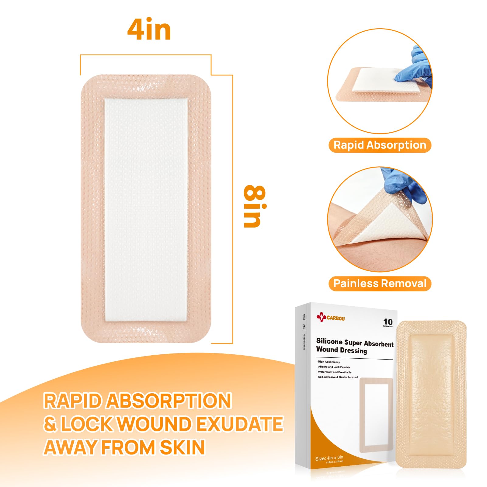 Carbou 4" x 8" Silicone Super Absorbent Wound Dressing, 10 Individual Pack — Amazon image 2