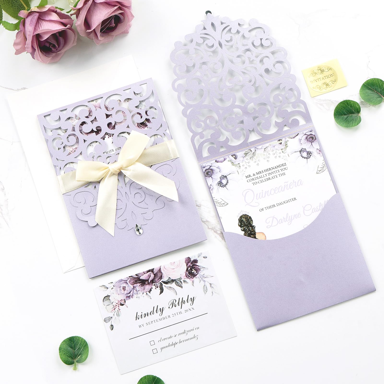 Blanko-Hochzeitseinladungen mit Umschlägen und Antwortkarten, Hellviolett, 50 Stück | Lasergeschnittene Einladungskarten, komplett blanko, für Hochzeit, Verlobung, Babyparty, Brautparty, Quinceanera Sweet 16