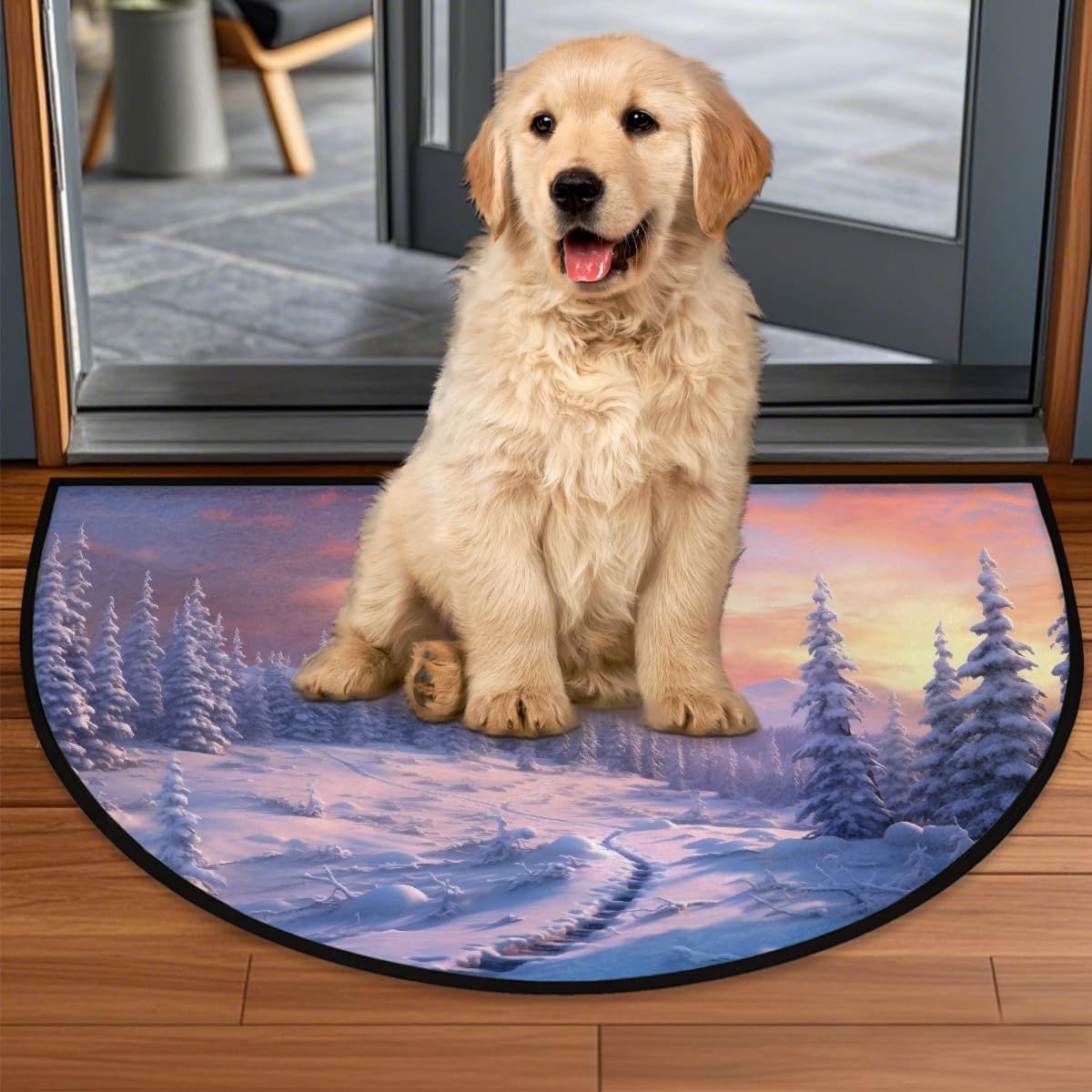 Half Round Door Mat Pretty Winter Snow Non Slip Absorbent Semi Circle Area Rugs Washable Half Moon Floor Mats for Indoor Patio Kitchen Bathroom Entryway Fireplace Home Carpet Decor