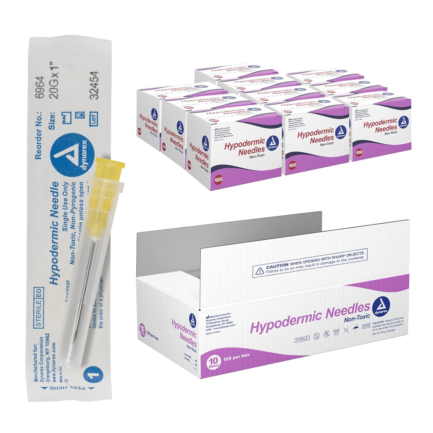Dynarex 6964 Hypodermic Needle, 20 g, 1" Needle, 1000 Count