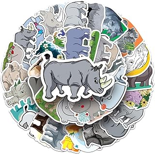 Cartoon Rhinoceros Stickers for Kids Girls Boys Teens|50 Pcs| Vinyl Waterproof Stickers for Laptop Cup Water Bottle Phone Tablet Luggage Flasks Helmet, Lovely Animals Decals Pack(Rhino -50Pcs)